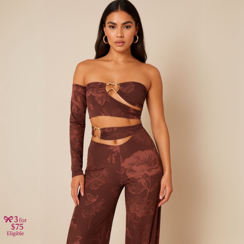 Plt Chocolate Floral Slinky One Sleeve Crop Top & Pants Set Size 6